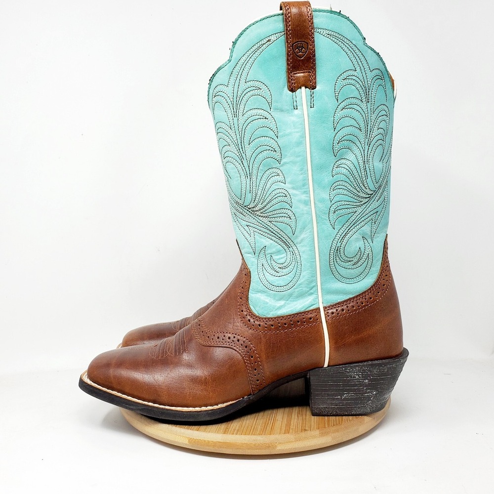 Ariat Boots Womens 8 Mesquite Western Cowboy Brown Blue Leather Square Toe Shoes